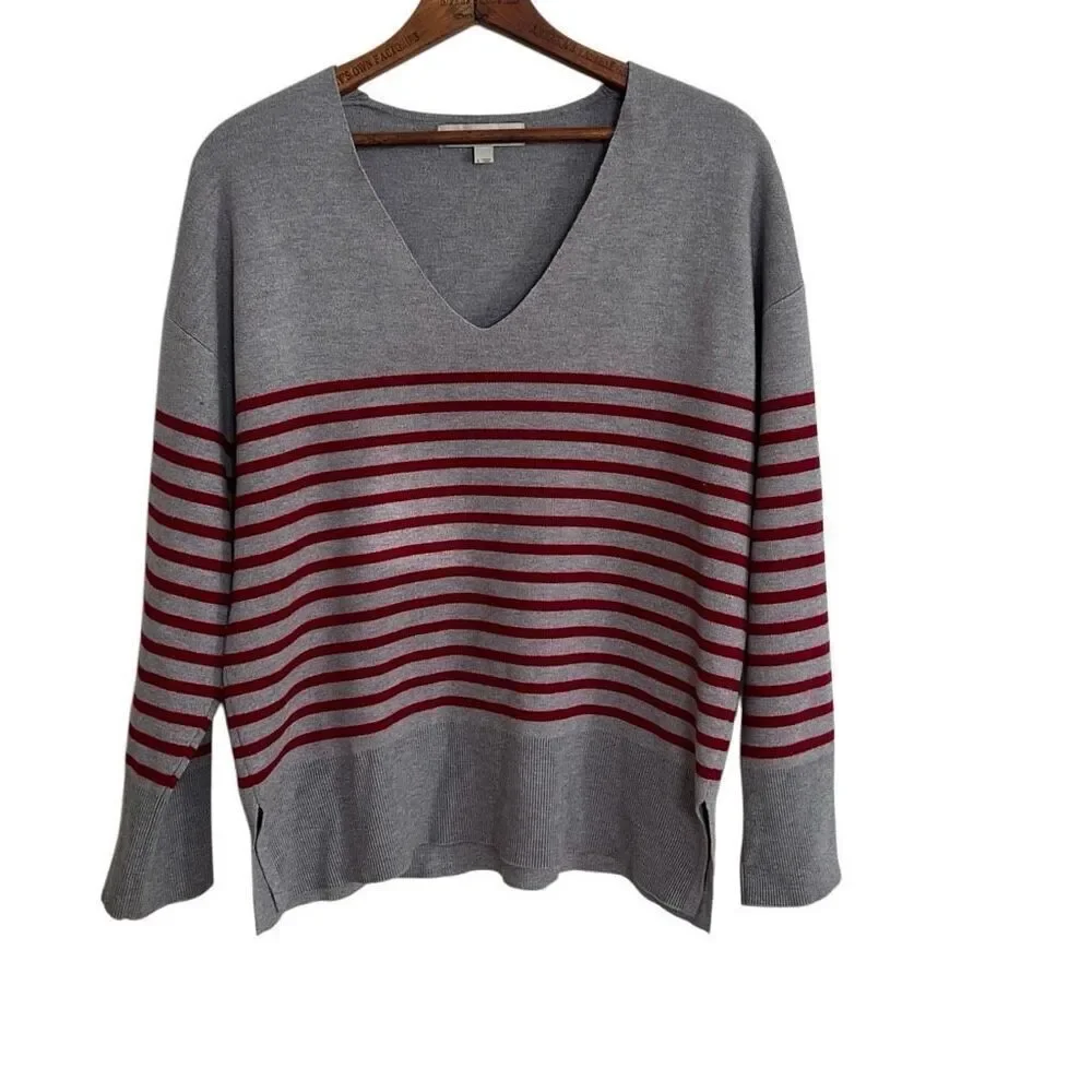 Loft‎ Stripe V-Neck Long Sleeve Knit Pullover Sweater Gray Red Size Large